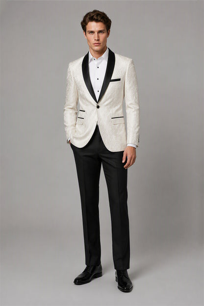 Men's Ivory Jacquard Tuxedo 2-Piece Suit – Full Body Walking View | Savile GA0180