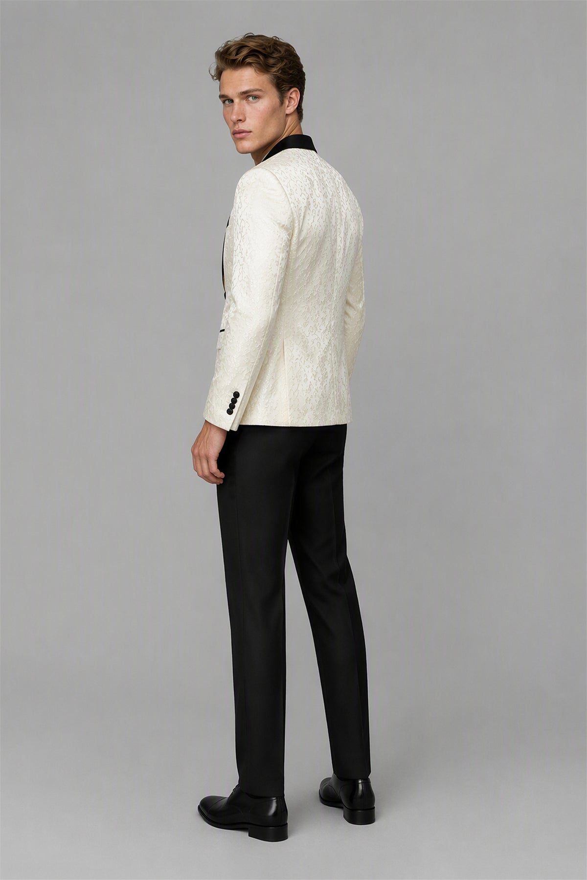 Men's Ivory Jacquard Tuxedo 2-Piece Suit – Full Body Front Standing View | Savile GA0180
