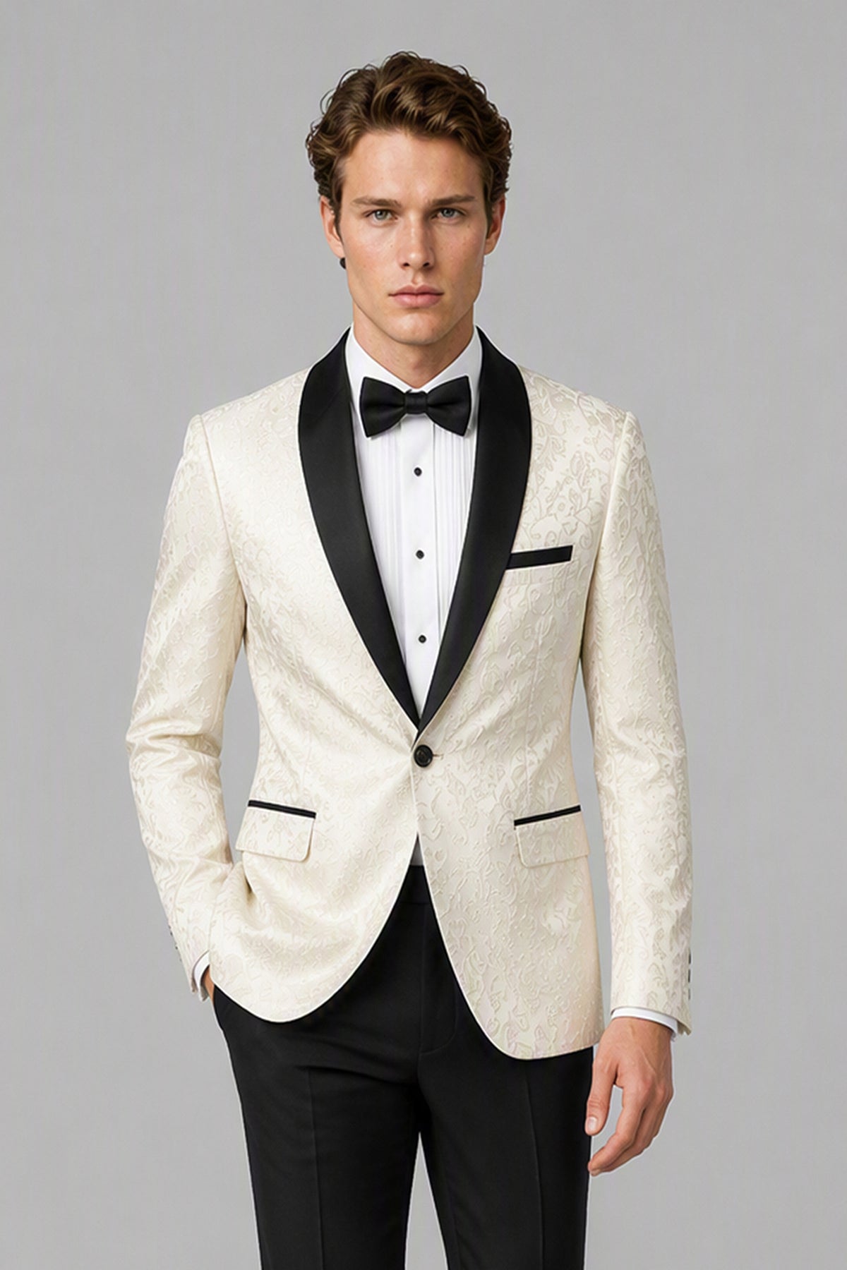 Men's Ivory Jacquard Tuxedo 2-Piece Suit – 3/4 Side View | Savile GA0180