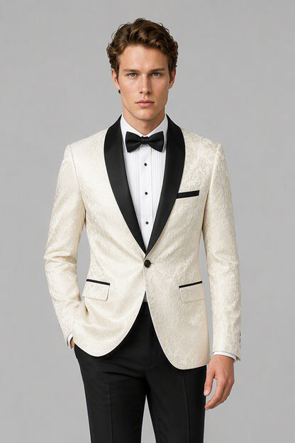 Men's Ivory Jacquard Tuxedo 2-Piece Suit – 3/4 Side View | Savile GA0180