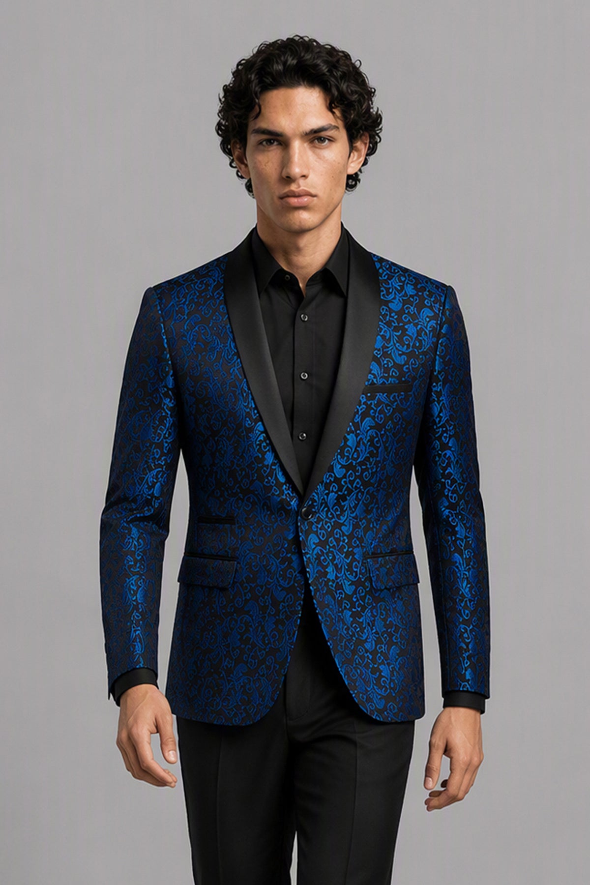 Men's Royal Blue Jacquard Tuxedo 2-Piece Suit – 3/4 Side View | Savile GA0180