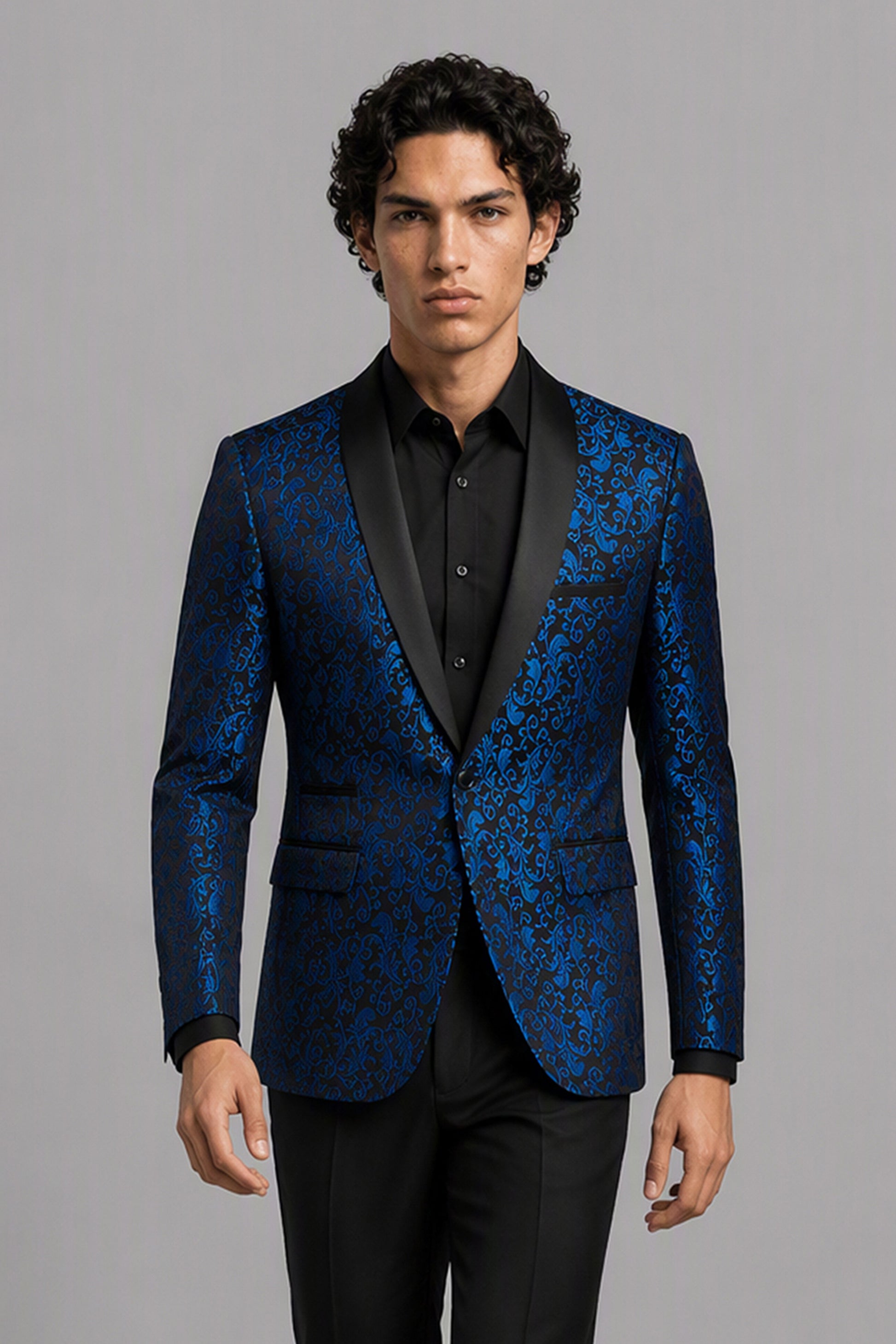 Men's Royal Blue Jacquard Tuxedo 2-Piece Suit – 3/4 Side View | Savile GA0180