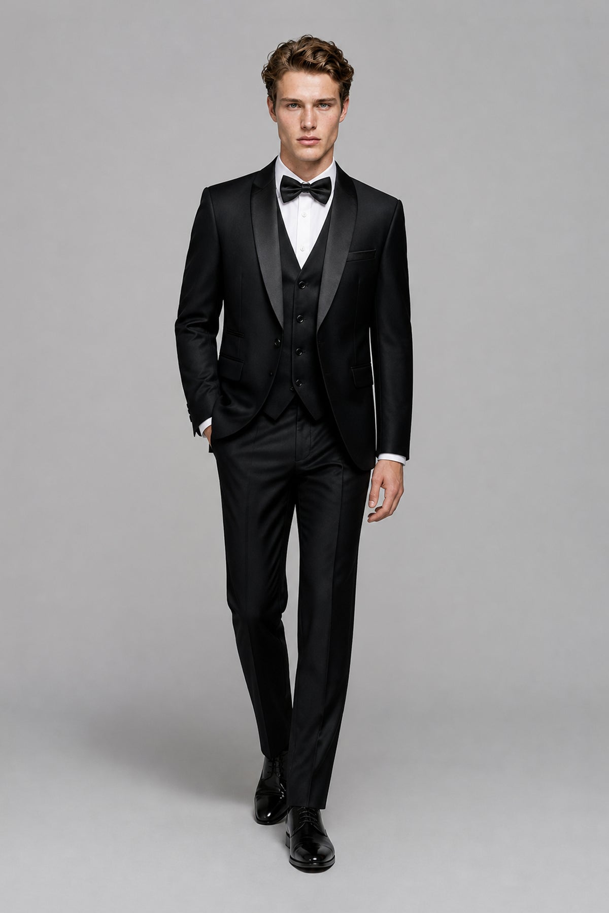 Savile Black 3-Piece Tuxedo Set – Front view, half body close-up showing shawl lapel jacket, vest and bow tie
