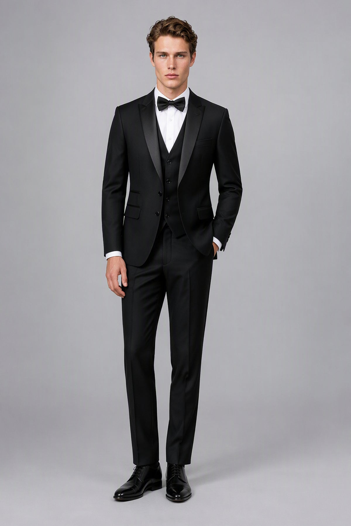 Savile Black 3-Piece Tuxedo Set – Full front view, complete look with jacket, vest, trousers and oxford shoes
