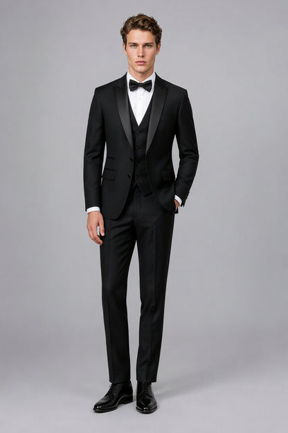 Savile Black 3-Piece Tuxedo Set – Full front view, complete look with jacket, vest, trousers and oxford shoes