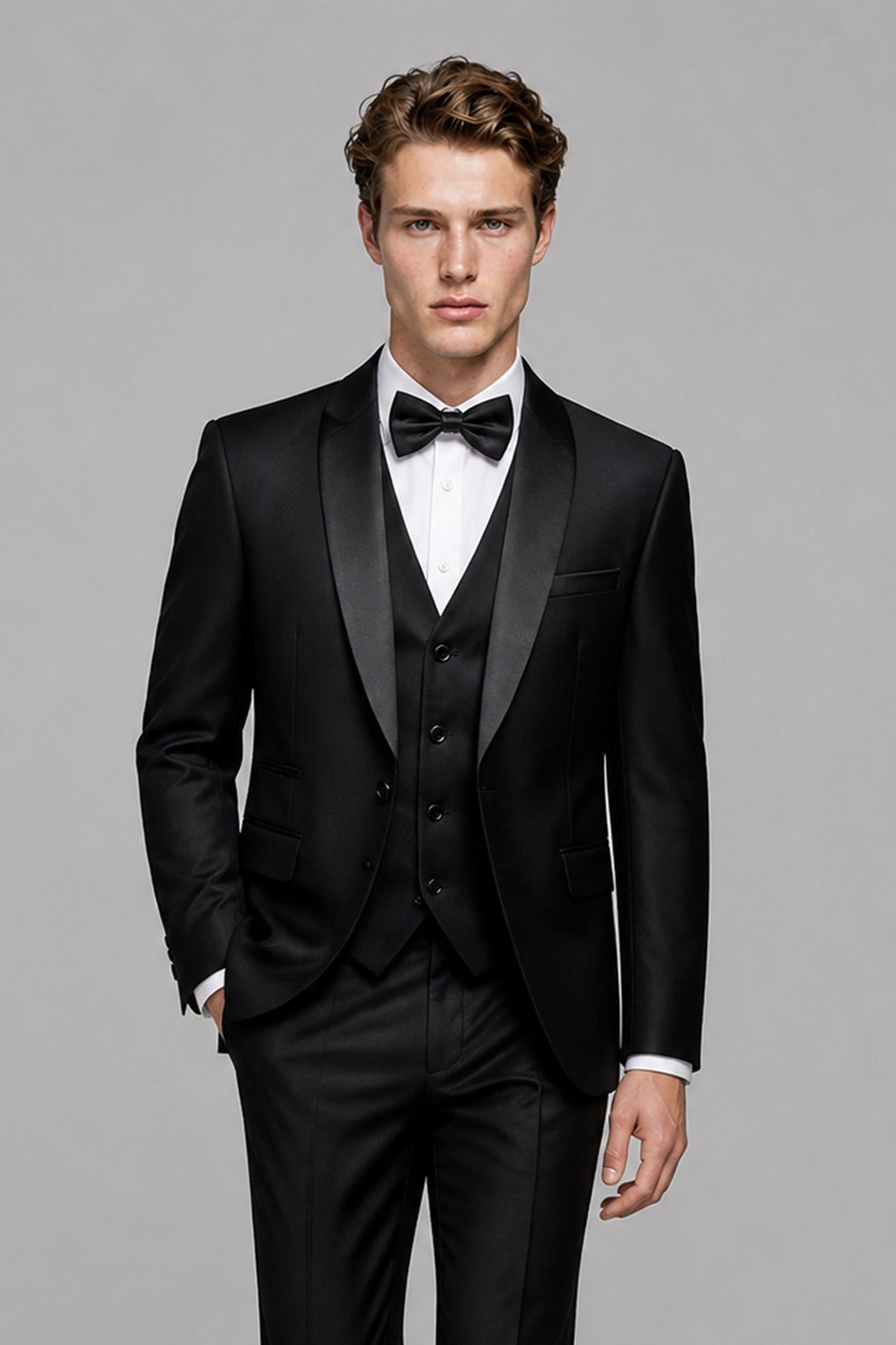 Savile Black 3-Piece Tuxedo Set – Rear three-quarter view showing jacket back construction and trouser fit