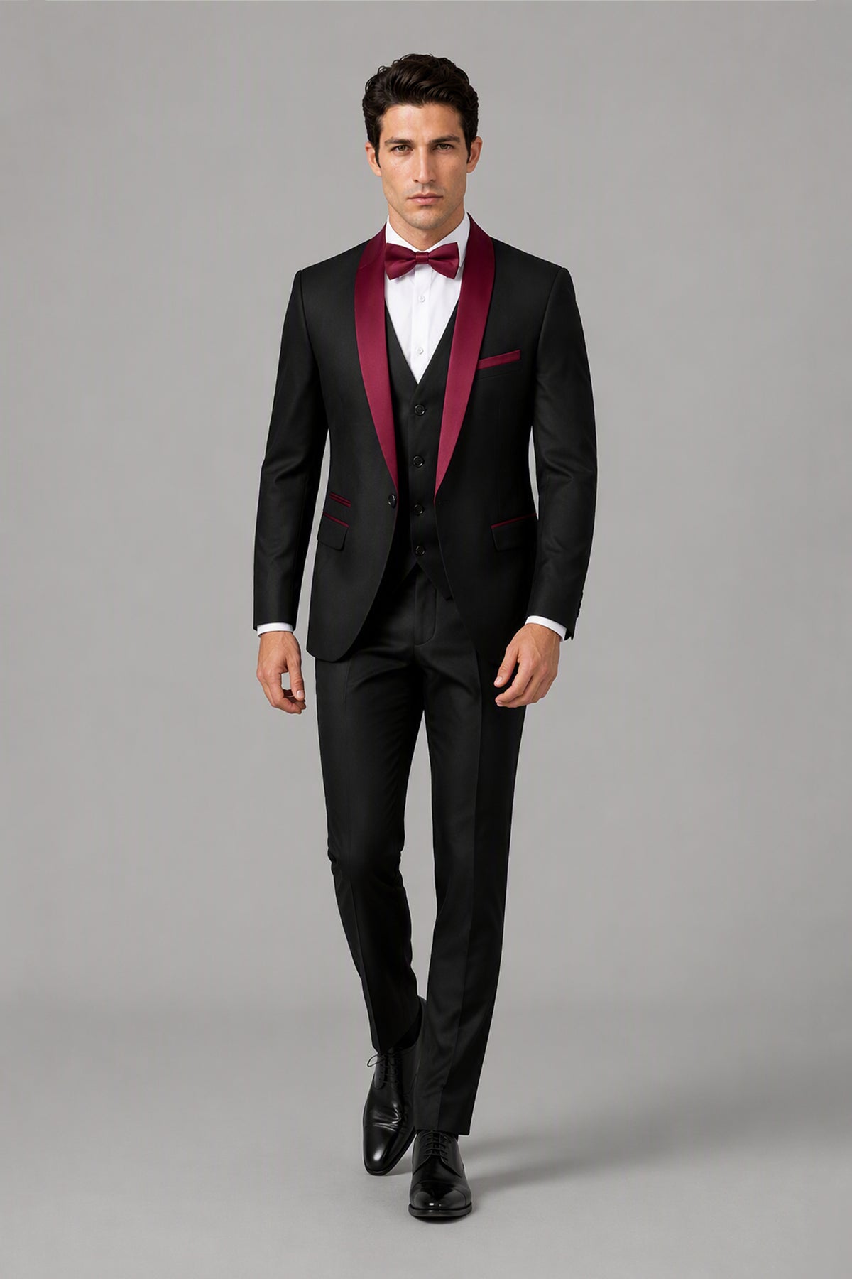 Savile Black & Burgundy 3-Piece Tuxedo Set – Full front view showing burgundy shawl lapel jacket, vest, white shirt and trousers