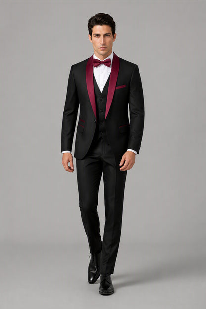 Savile Black & Burgundy 3-Piece Tuxedo Set – Full front view showing burgundy shawl lapel jacket, vest, white shirt and trousers