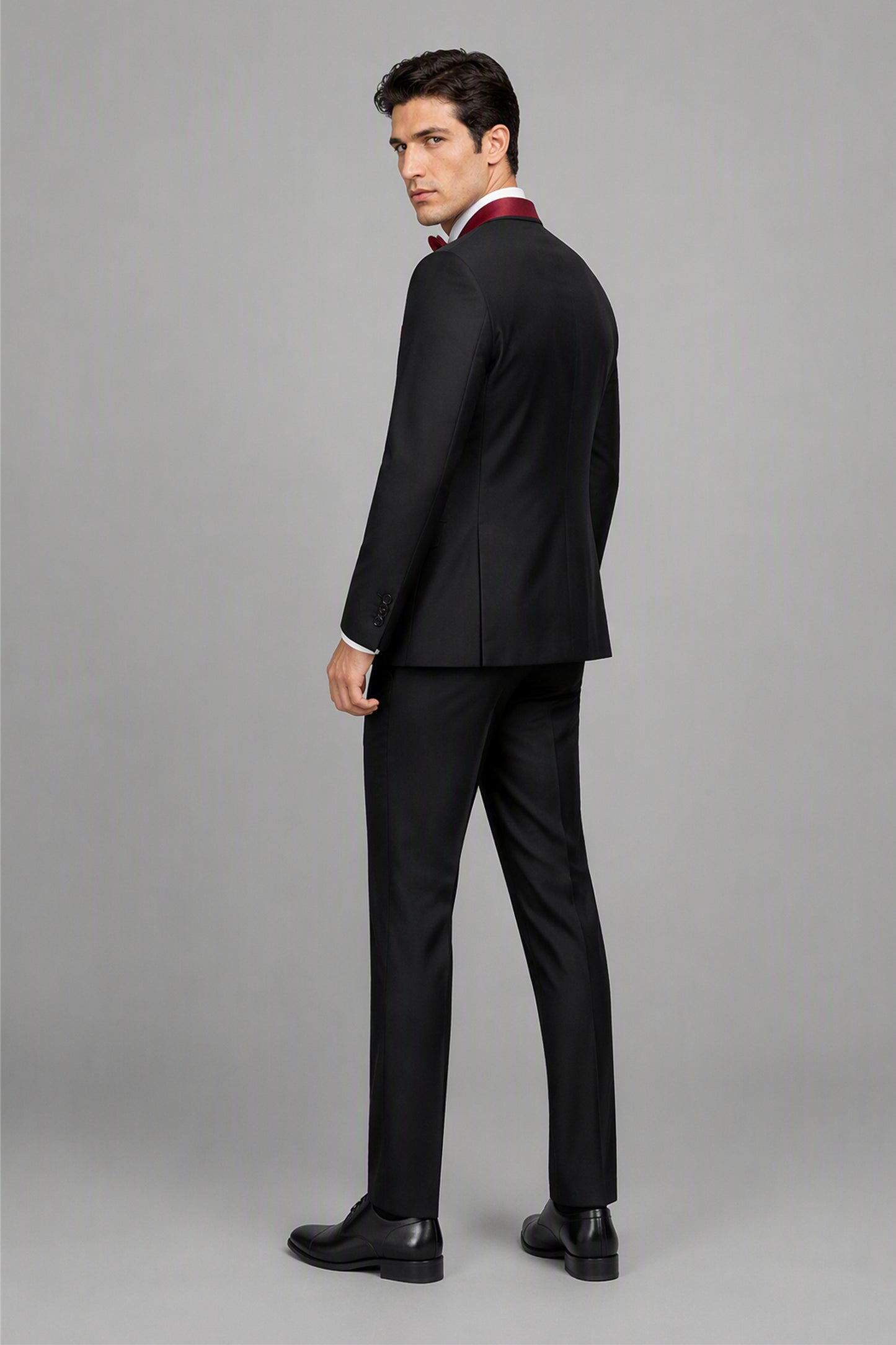 Savile Black & Burgundy 3-Piece Tuxedo Set – Front walking view showing natural drape and slim-fit silhouette