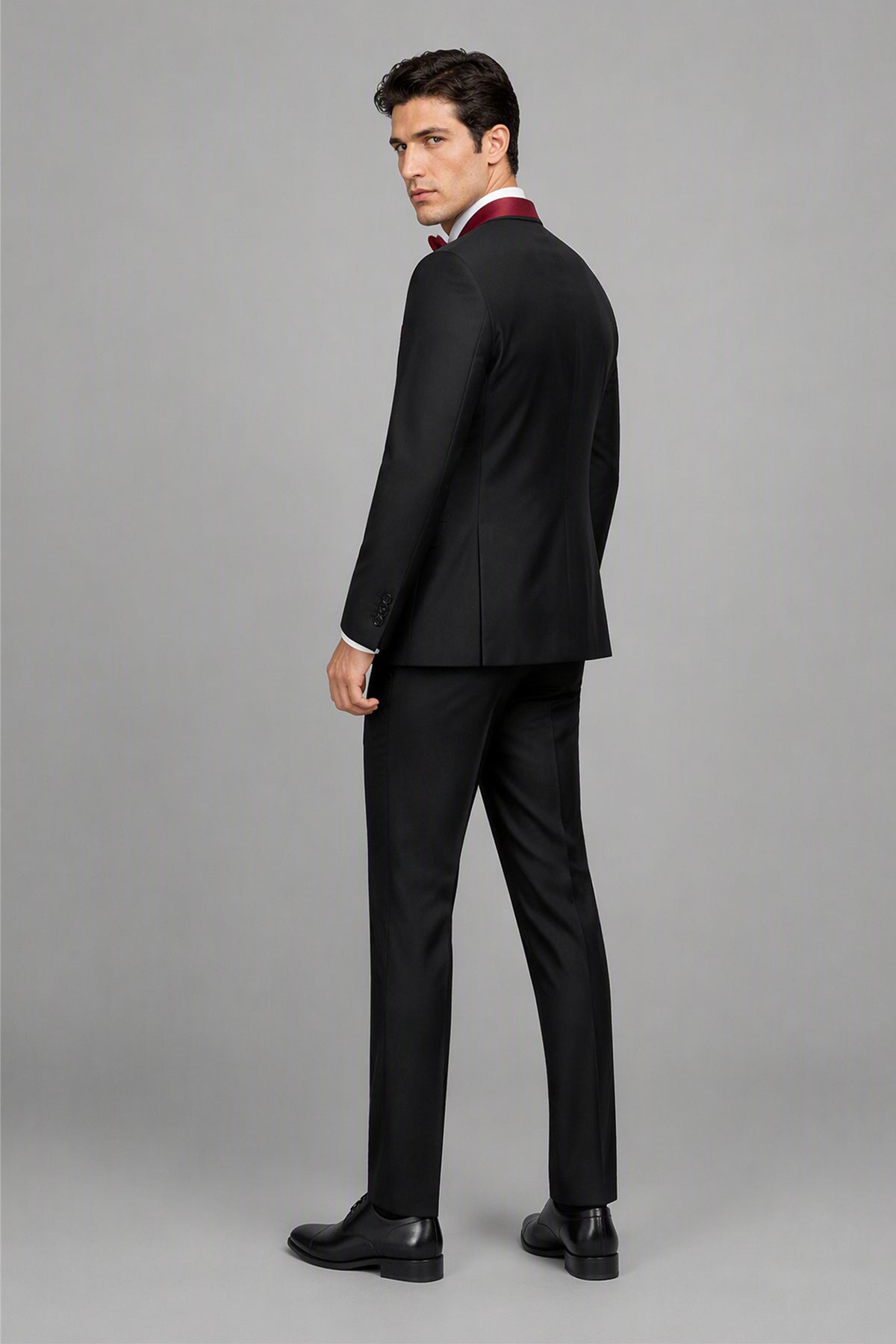 Savile Black & Burgundy 3-Piece Tuxedo Set – Front walking view showing natural drape and slim-fit silhouette