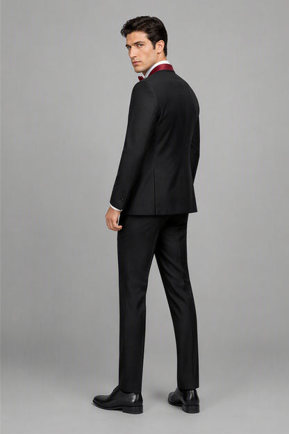 Savile Black & Burgundy 3-Piece Tuxedo Set – Front walking view showing natural drape and slim-fit silhouette