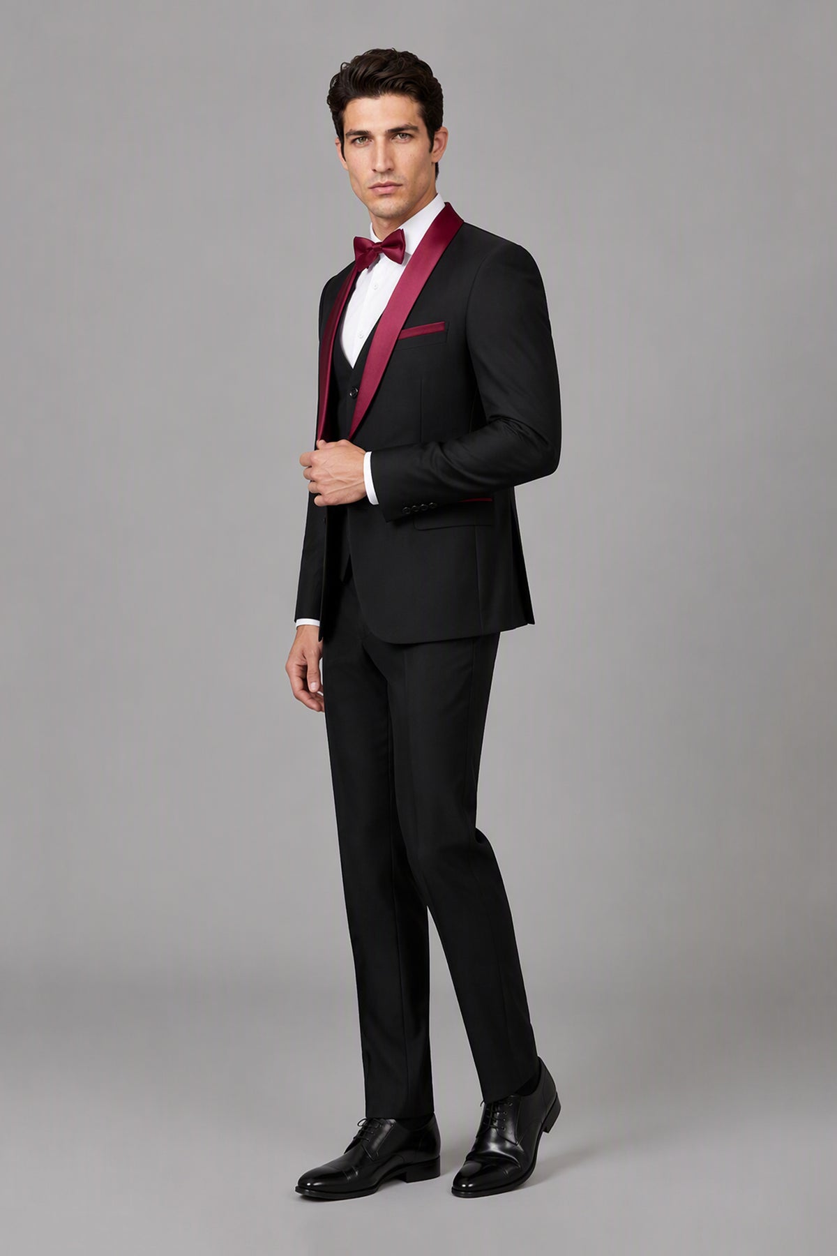 Savile Black & Burgundy 3-Piece Tuxedo Set – Half-body close-up highlighting burgundy shawl lapel and pocket square