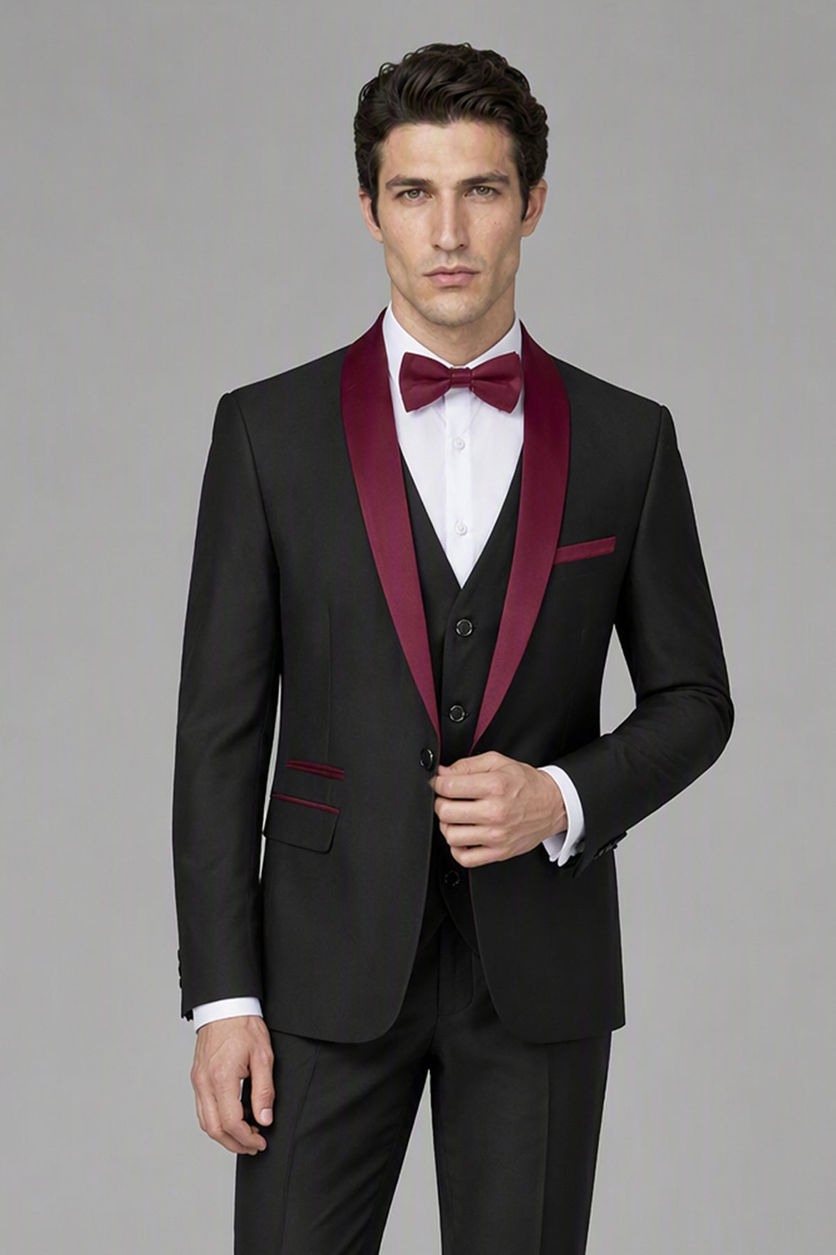 Savile Black & Burgundy 3-Piece Tuxedo Set – Rear three-quarter view showing jacket back construction and trouser fit