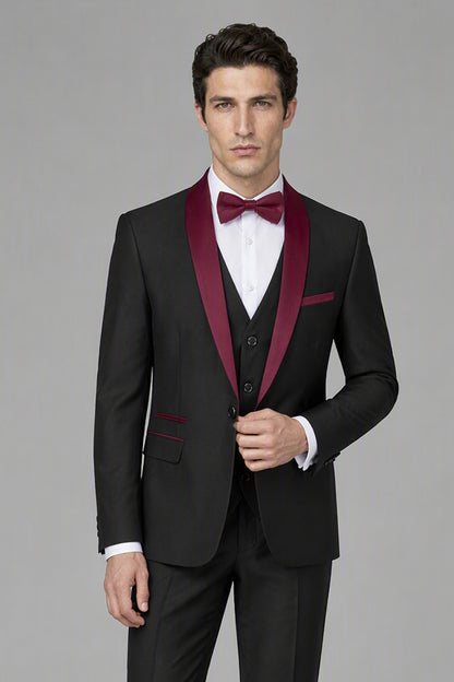 Savile Black & Burgundy 3-Piece Tuxedo Set – Rear three-quarter view showing jacket back construction and trouser fit