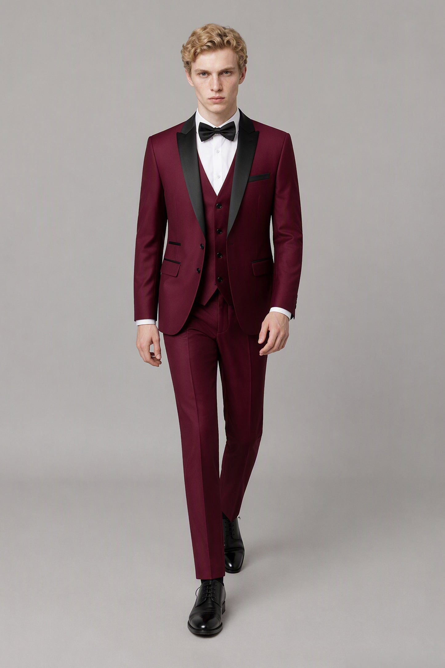 Savile Burgundy 3-Piece Tuxedo Set – Half-body front close-up showing black shawl lapel, vest and bow tie detail
