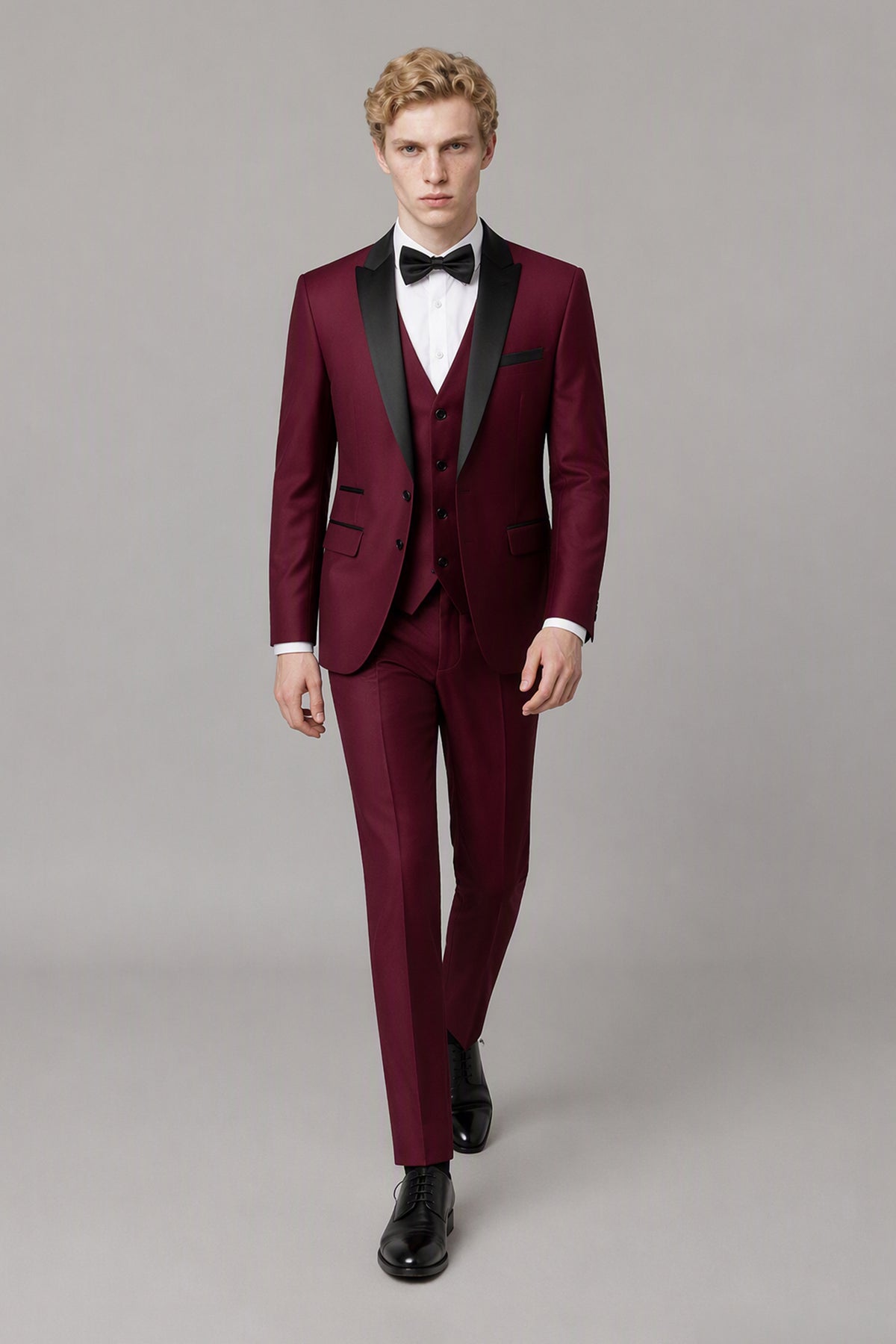 Savile Burgundy 3-Piece Tuxedo Set – Half-body front close-up showing black shawl lapel, vest and bow tie detail