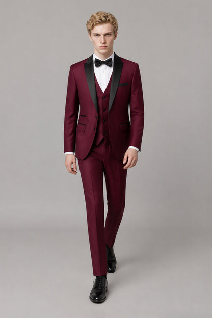 Savile Burgundy 3-Piece Tuxedo Set – Half-body front close-up showing black shawl lapel, vest and bow tie detail