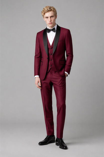 Savile Burgundy 3-Piece Tuxedo Set – Full front view showing complete look with jacket, vest, trousers and oxford shoes