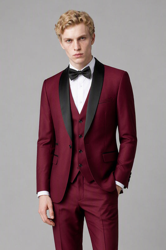 Savile Burgundy 3-Piece Tuxedo Set – Full front walking view showing complete ensemble and trouser break