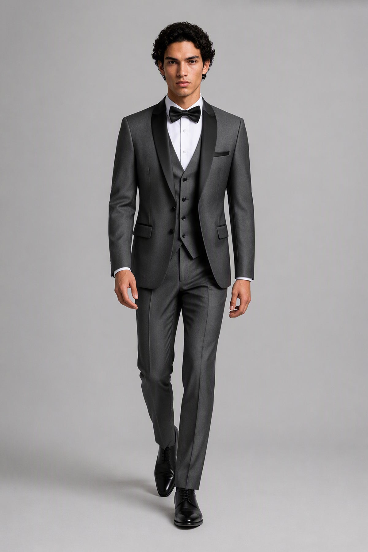 Savile Grey 3-Piece Tuxedo Set – Half-body front close-up showing black satin shawl lapel, vest and bow tie detail
