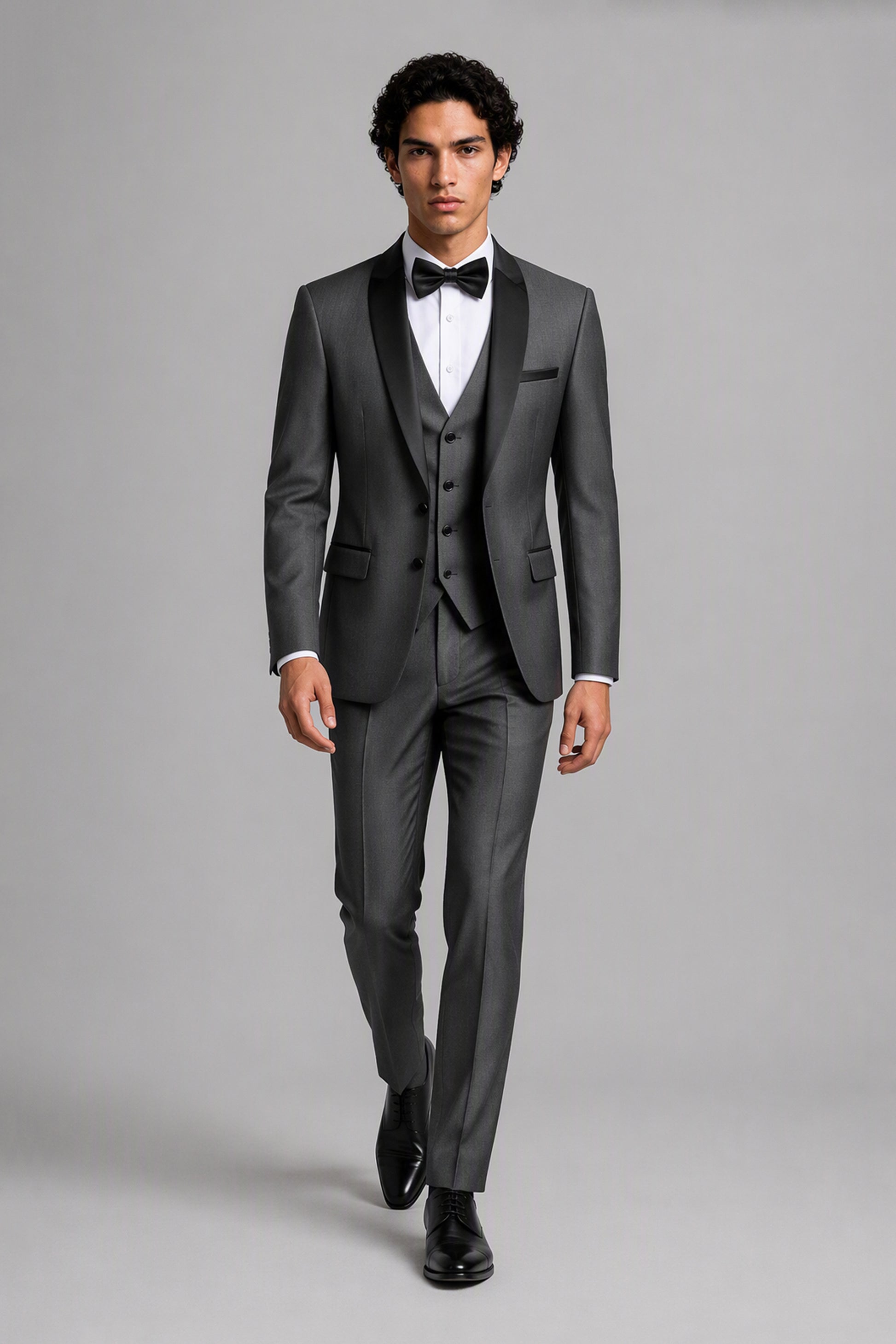 Savile Grey 3-Piece Tuxedo Set – Half-body front close-up showing black satin shawl lapel, vest and bow tie detail