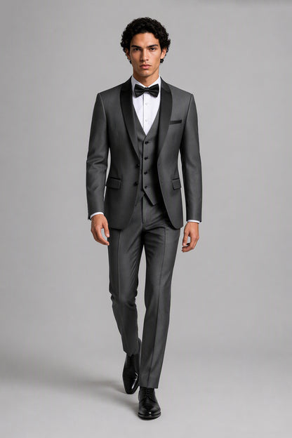 Savile Grey 3-Piece Tuxedo Set – Half-body front close-up showing black satin shawl lapel, vest and bow tie detail