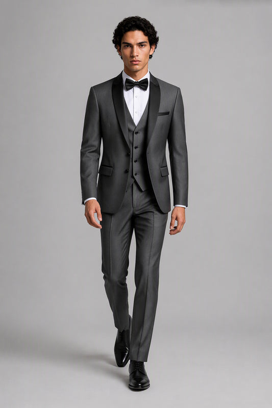 Savile Grey 3-Piece Tuxedo Set – Half-body front close-up showing black satin shawl lapel, vest and bow tie detail