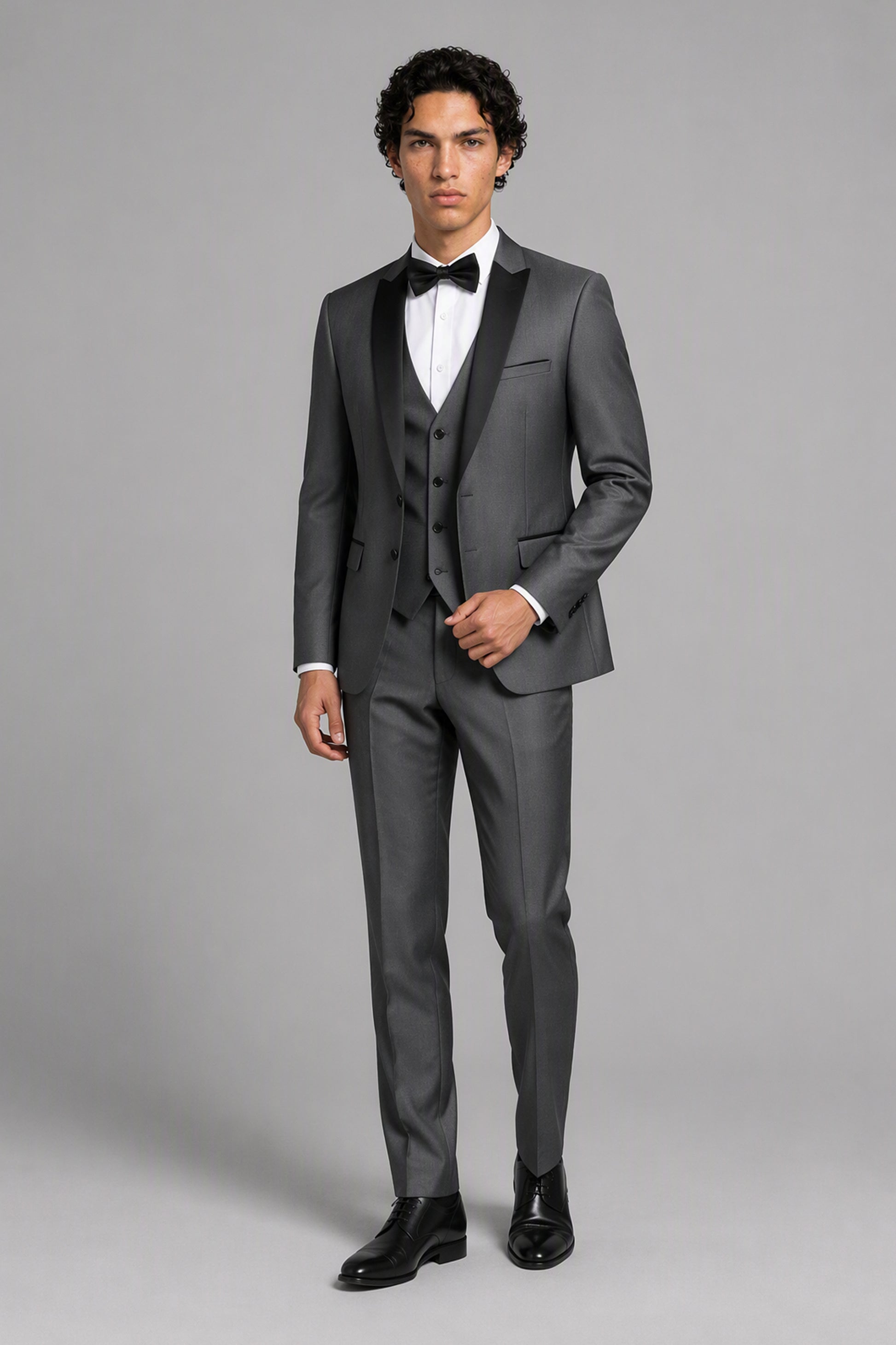 Savile Grey 3-Piece Tuxedo Set – Full front walking view showing complete look with jacket, vest, trousers and oxford shoes