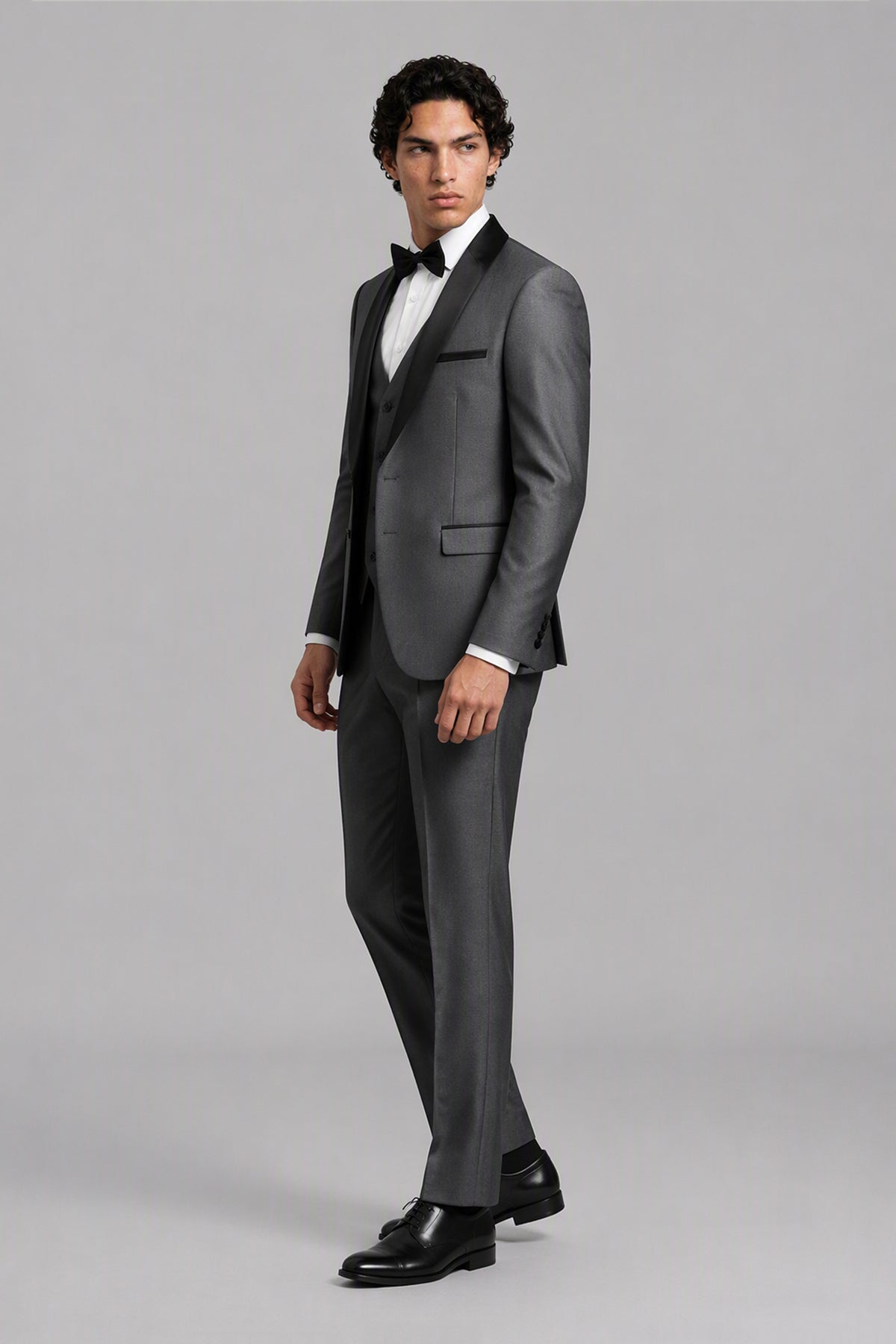 Savile Grey 3-Piece Tuxedo Set – Full front standing view, hands clasped showing slim-fit silhouette
