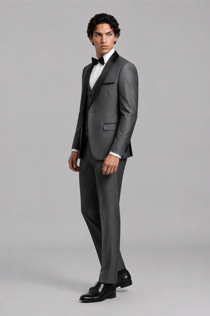 Savile Grey 3-Piece Tuxedo Set – Full front standing view, hands clasped showing slim-fit silhouette
