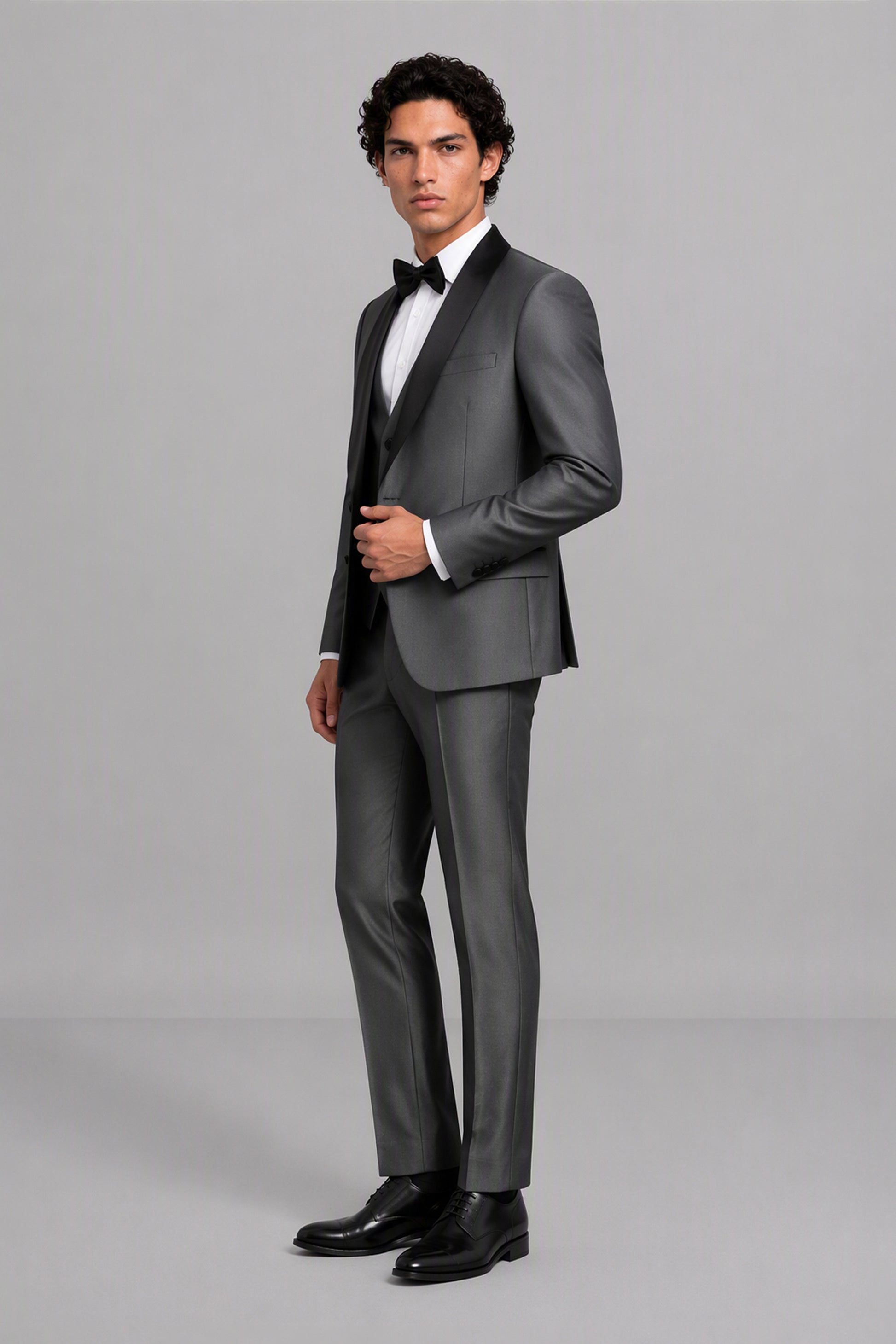 Savile Grey 3-Piece Tuxedo Set – Three-quarter side view showing jacket construction and trouser drape