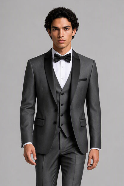 Savile Grey 3-Piece Tuxedo Set – Three-quarter side view, model adjusting jacket showing natural fit and lapel detail