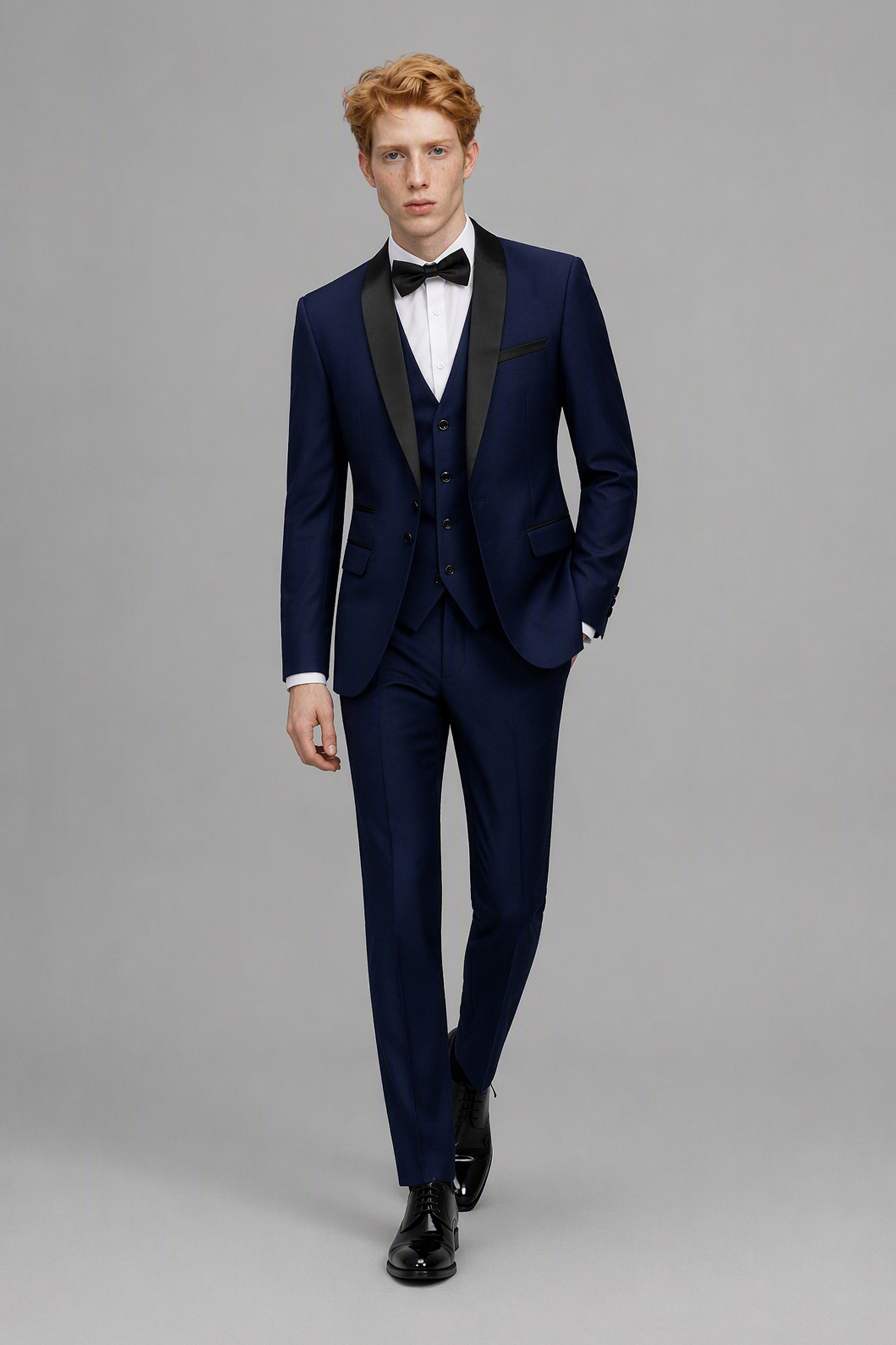 Savile Navy Blue 3-Piece Tuxedo Set – Half-body front close-up showing black satin shawl lapel, vest and bow tie detail