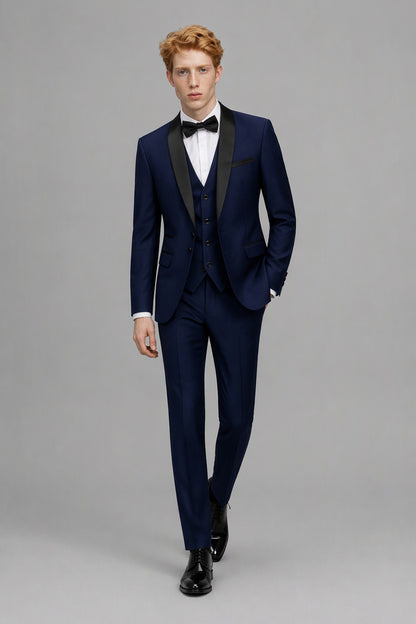 Savile Navy Blue 3-Piece Tuxedo Set – Half-body front close-up showing black satin shawl lapel, vest and bow tie detail