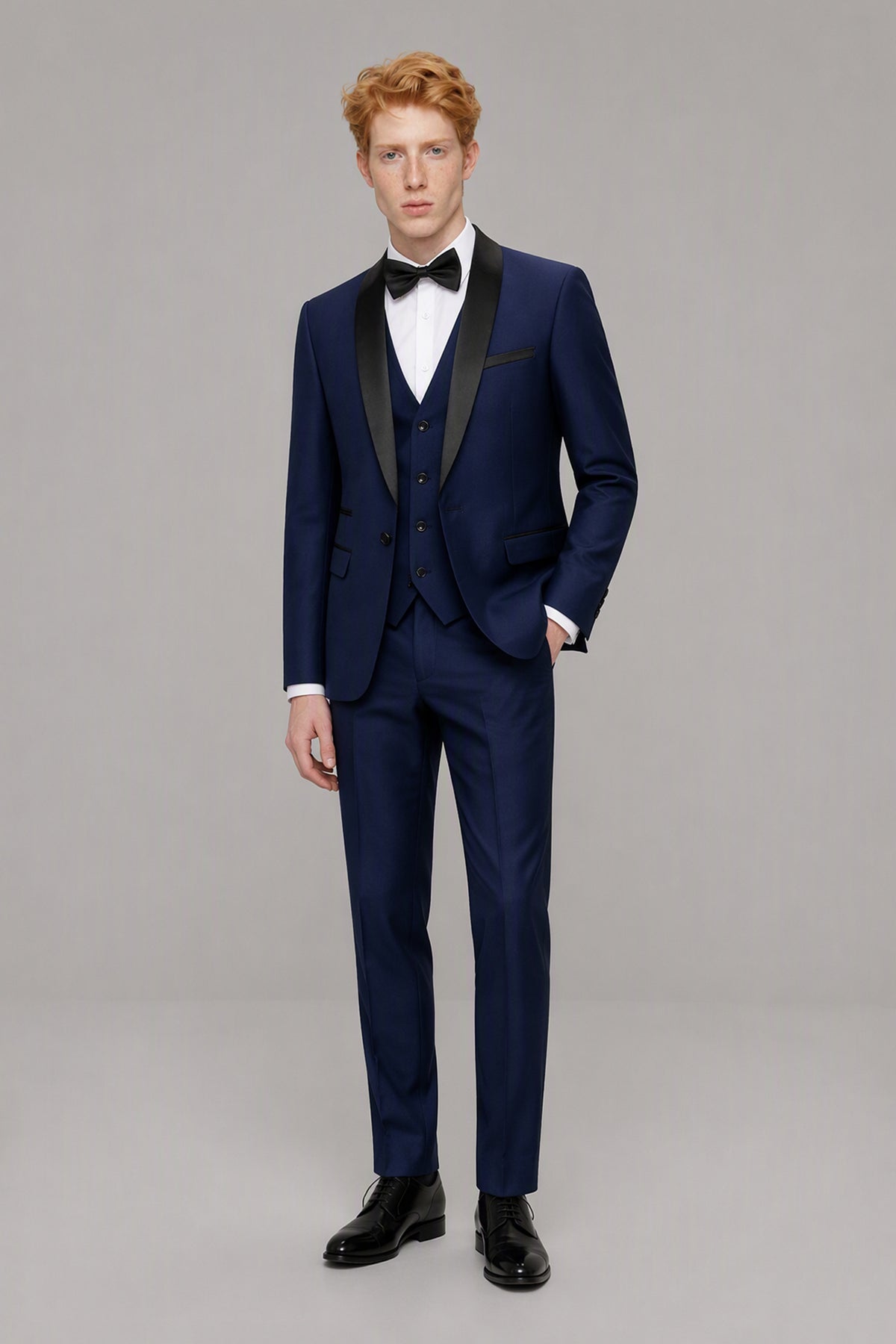 Savile Navy Blue 3-Piece Tuxedo Set – Full front walking view showing complete look with jacket, vest, shirt and trousers