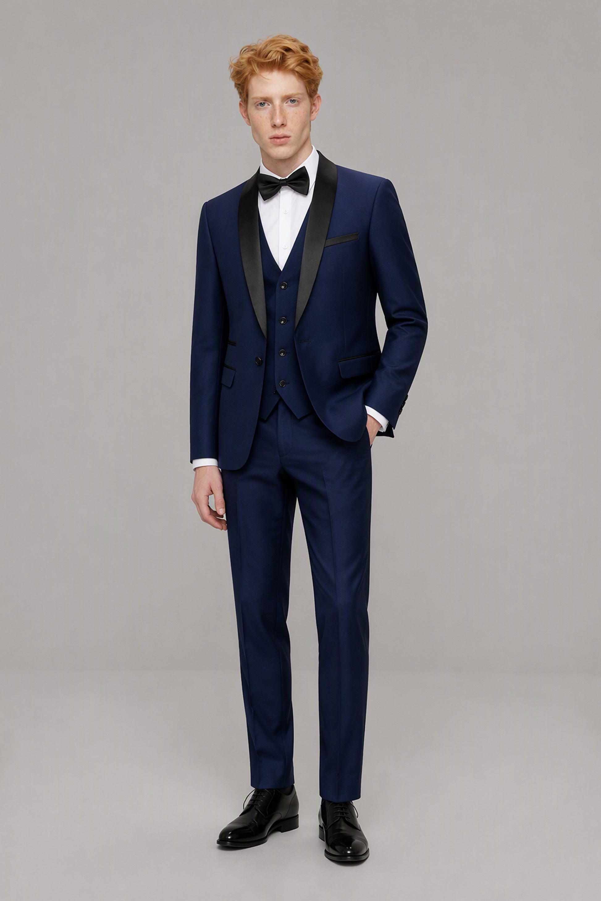 Savile Navy Blue 3-Piece Tuxedo Set – Full front walking view showing complete look with jacket, vest, shirt and trousers