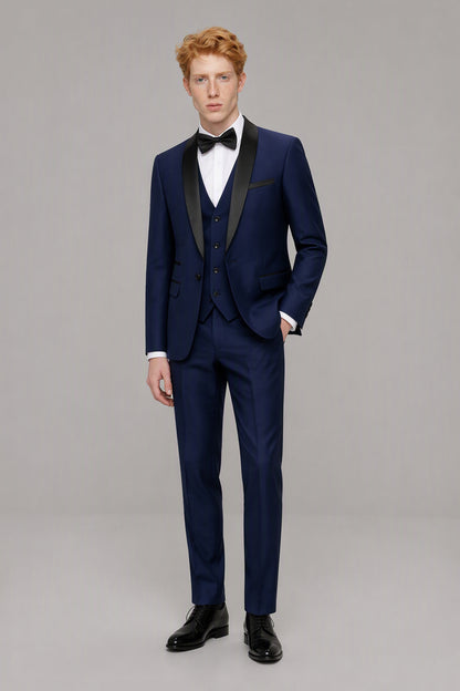 Savile Navy Blue 3-Piece Tuxedo Set – Full front walking view showing complete look with jacket, vest, shirt and trousers