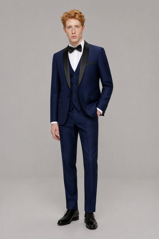 Savile Navy Blue 3-Piece Tuxedo Set – Full front walking view showing complete look with jacket, vest, shirt and trousers