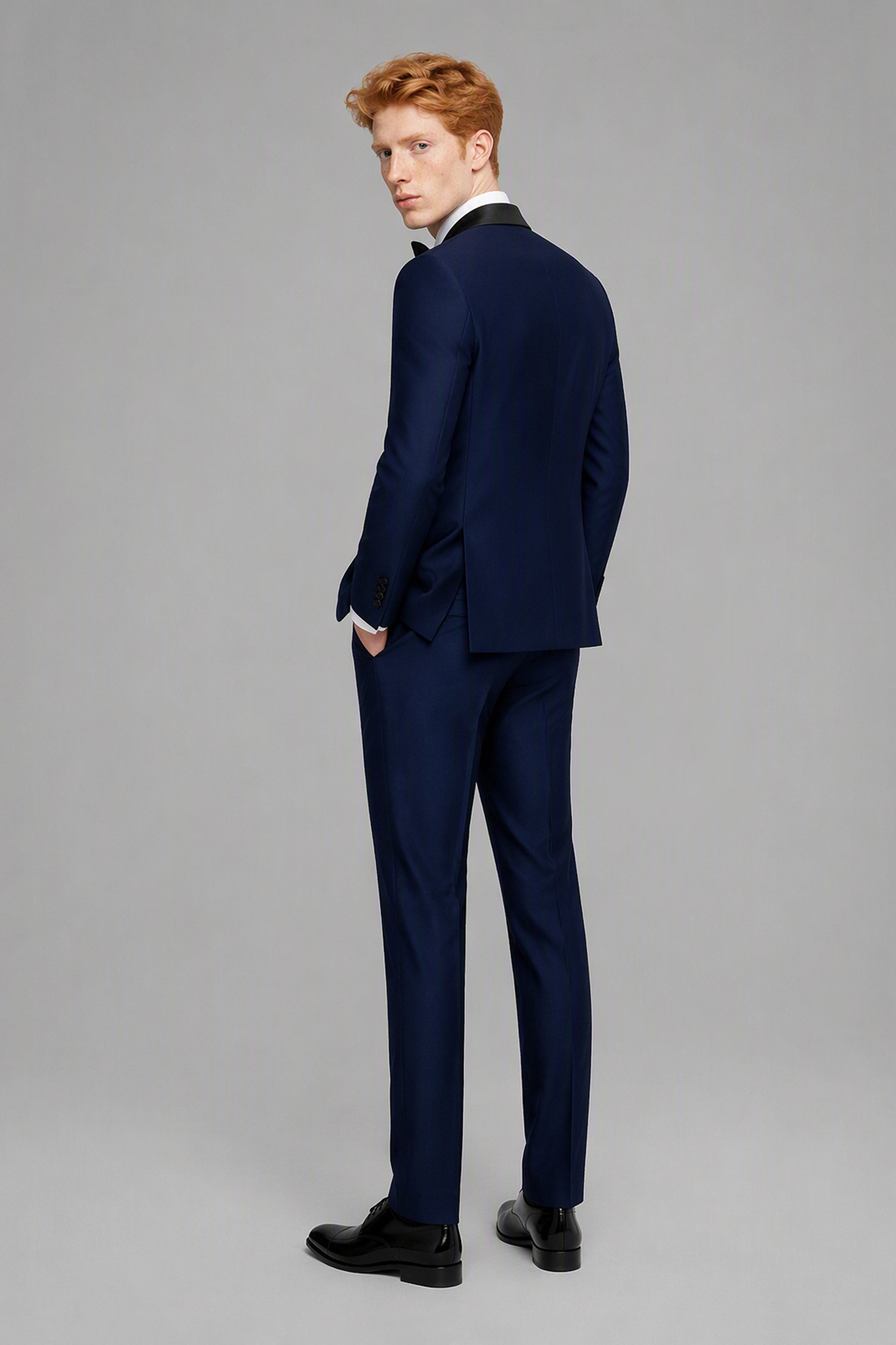 Savile Navy Blue 3-Piece Tuxedo Set – Full front standing view showing slim-fit silhouette and trouser break
