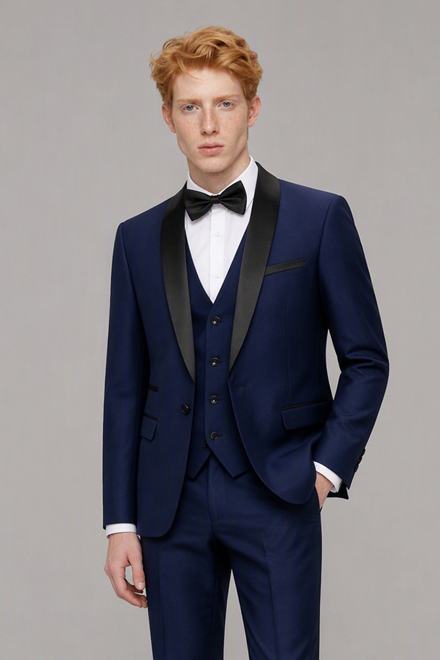 Savile Navy Blue 3-Piece Tuxedo Set – Full rear view showing jacket back construction and tapered trouser fit