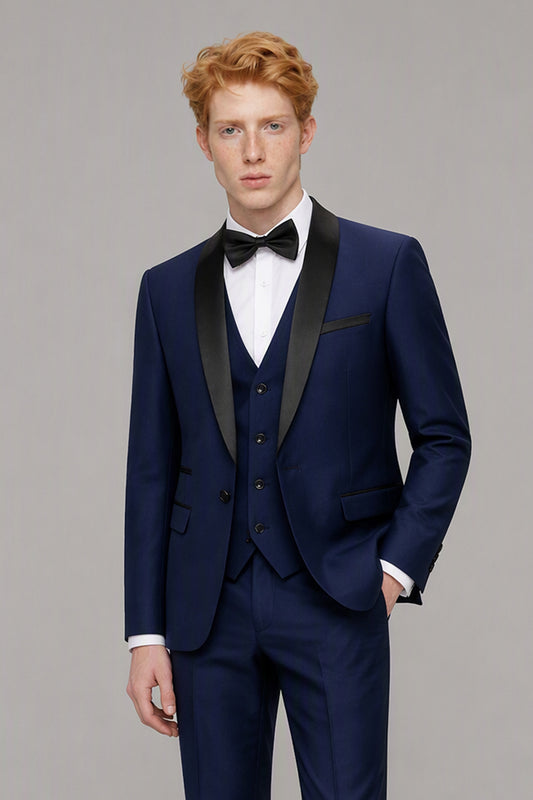 Savile Navy Blue 3-Piece Tuxedo Set – Full rear view showing jacket back construction and tapered trouser fit