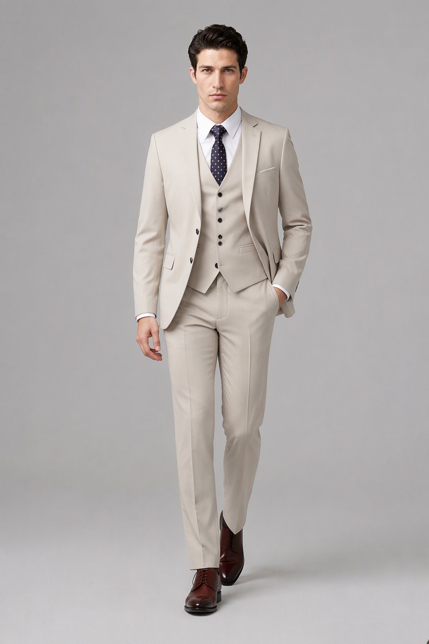 Savile Beige 3-Piece Suit Set – Half-body front close-up showing notch lapel jacket, vest and navy tie detail