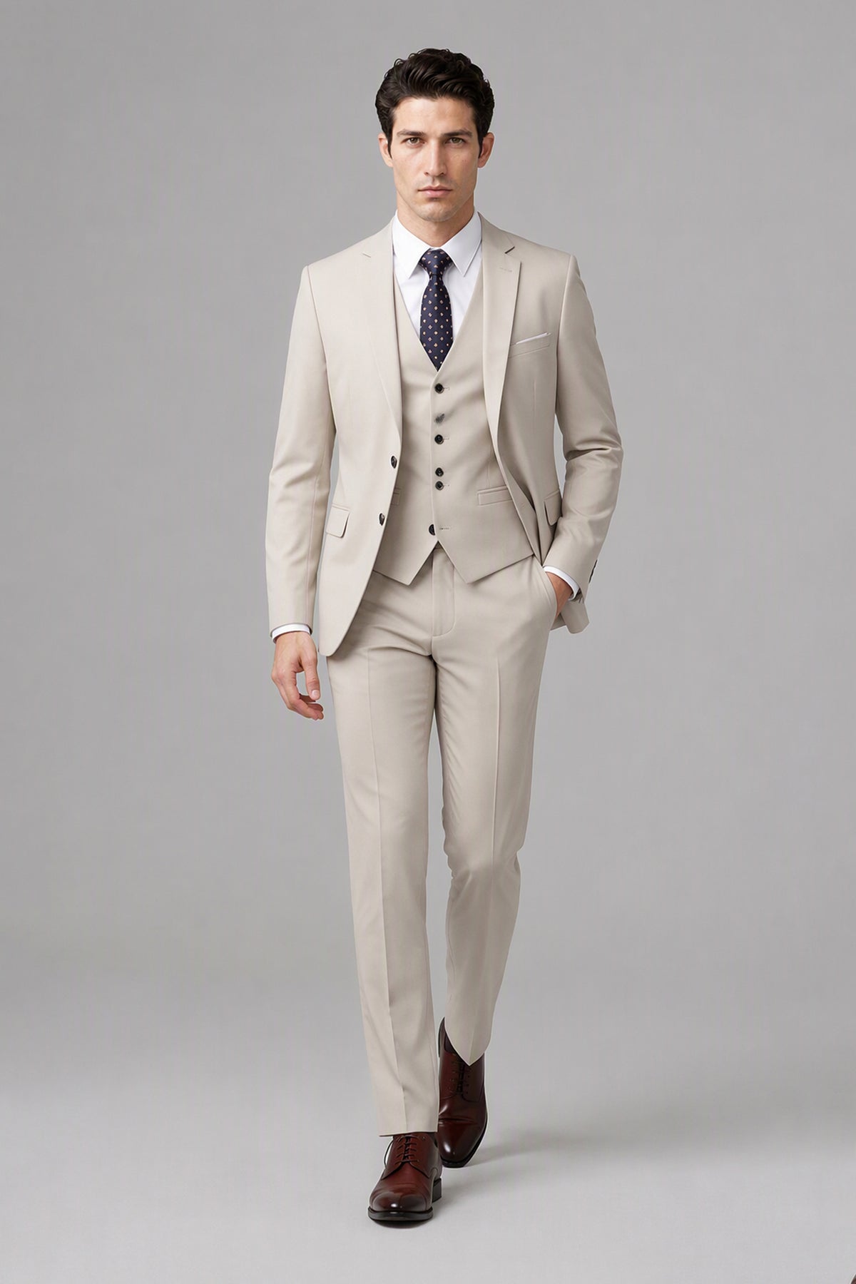 Savile Beige 3-Piece Suit Set – Half-body front close-up showing notch lapel jacket, vest and navy tie detail