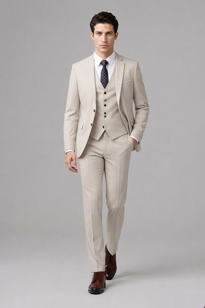 Savile Beige 3-Piece Suit Set – Half-body front close-up showing notch lapel jacket, vest and navy tie detail