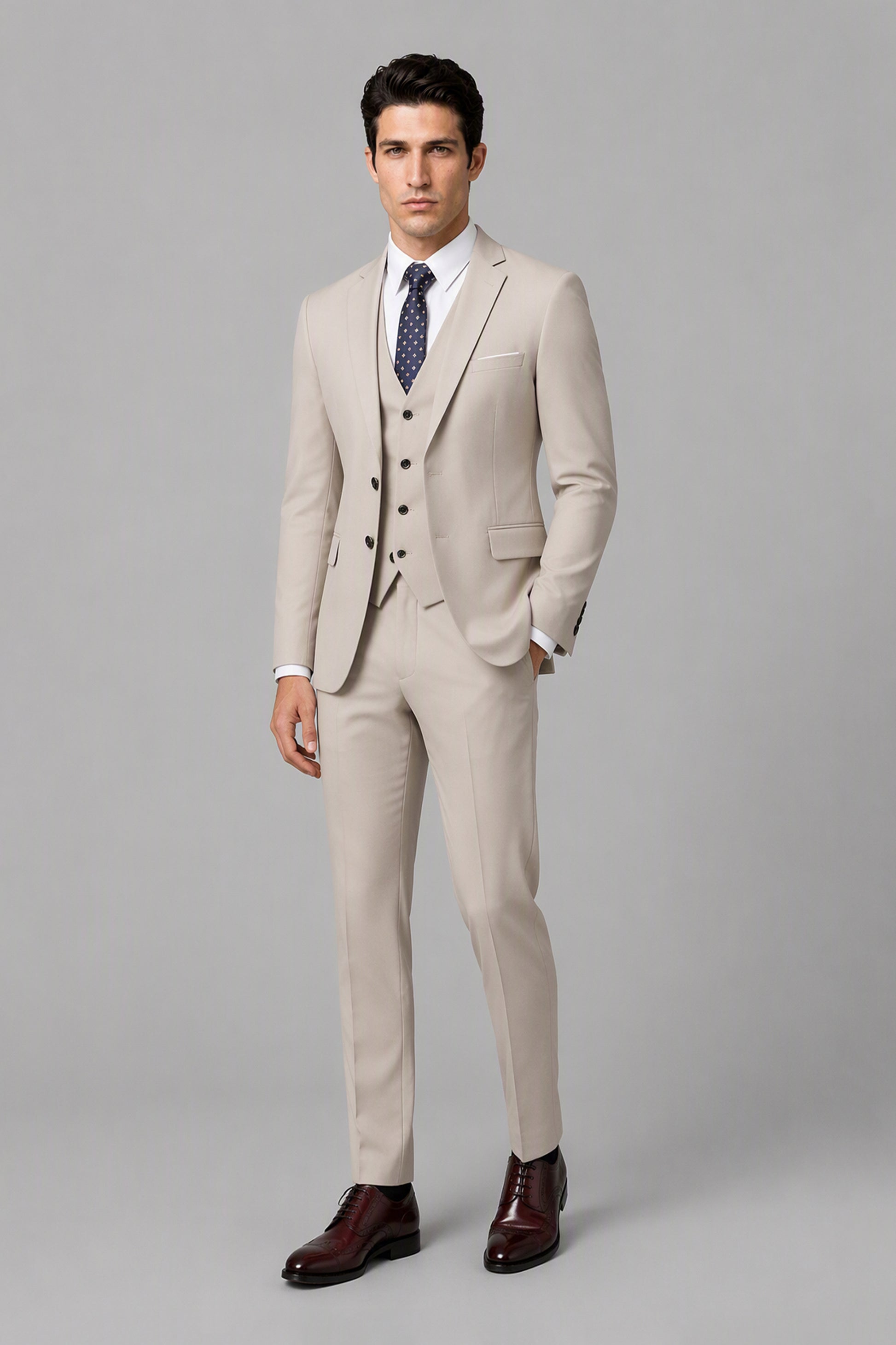 Savile Beige 3-Piece Suit Set – Full front walking view showing complete look with jacket, vest, shirt and trousers