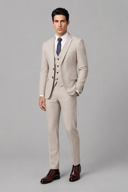 Savile Beige 3-Piece Suit Set – Full front walking view showing complete look with jacket, vest, shirt and trousers