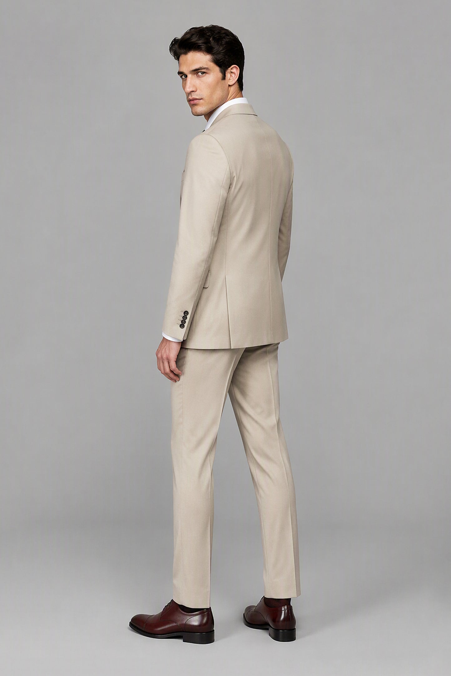 Savile Beige 3-Piece Suit Set – Full front standing view showing slim-fit silhouette and trouser break