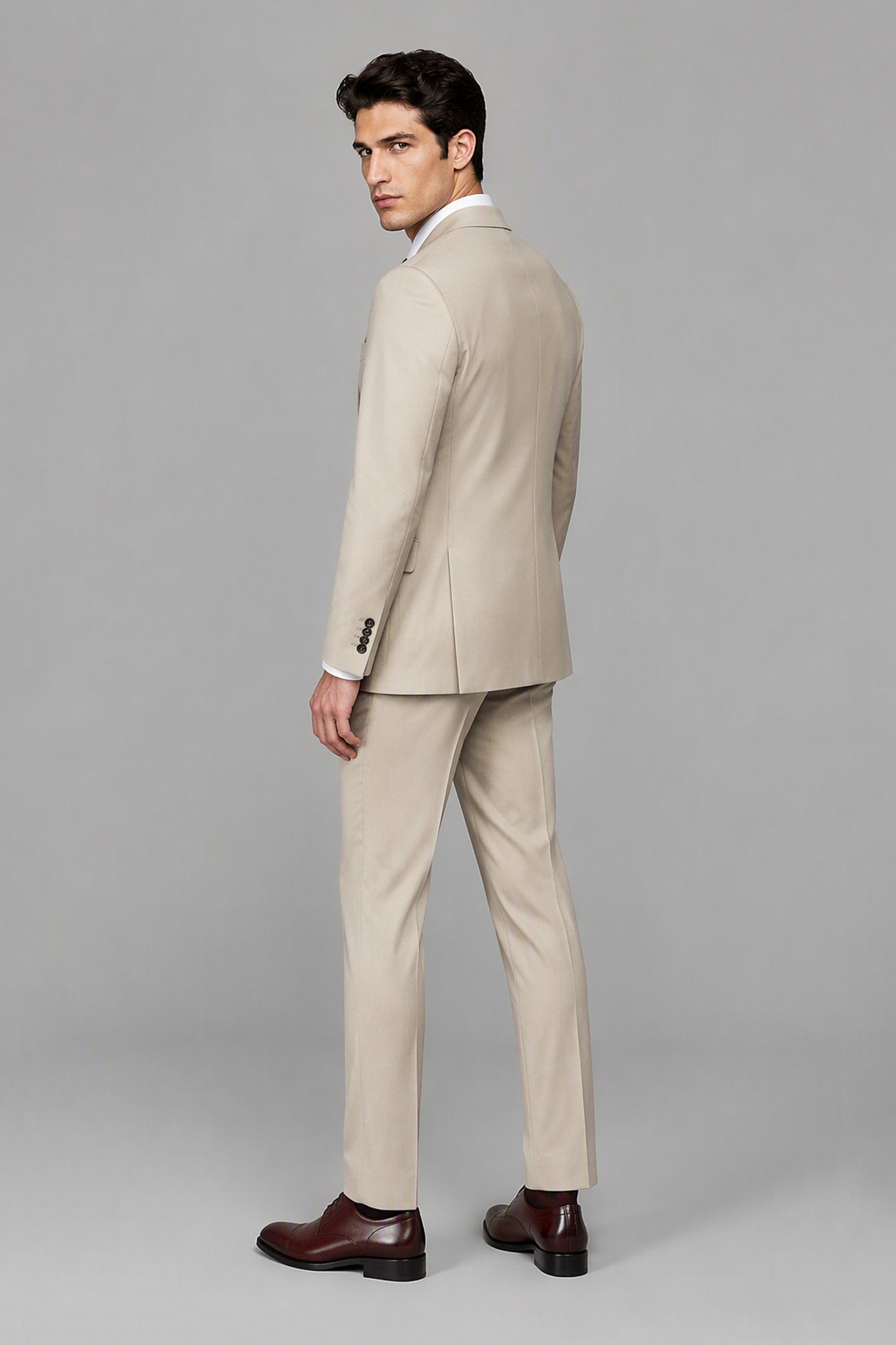 Savile Beige 3-Piece Suit Set – Full front standing view showing slim-fit silhouette and trouser break