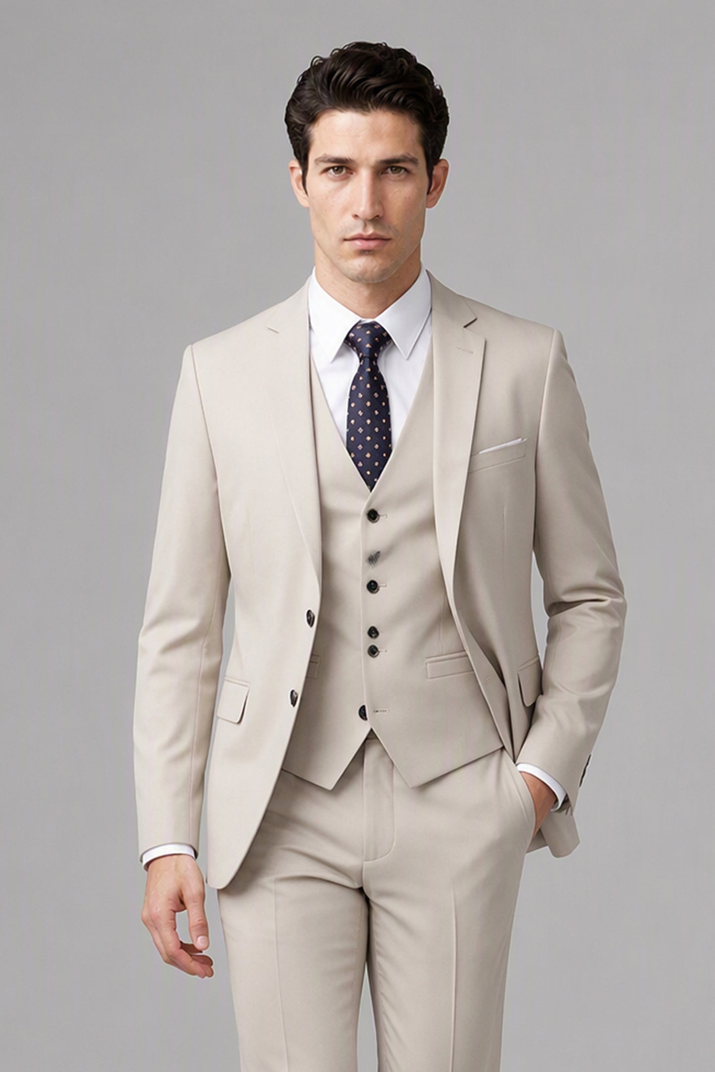 Savile Beige 3-Piece Suit Set – Rear three-quarter view showing jacket back construction and tapered trouser fit