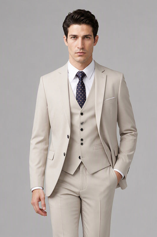 Savile Beige 3-Piece Suit Set – Rear three-quarter view showing jacket back construction and tapered trouser fit